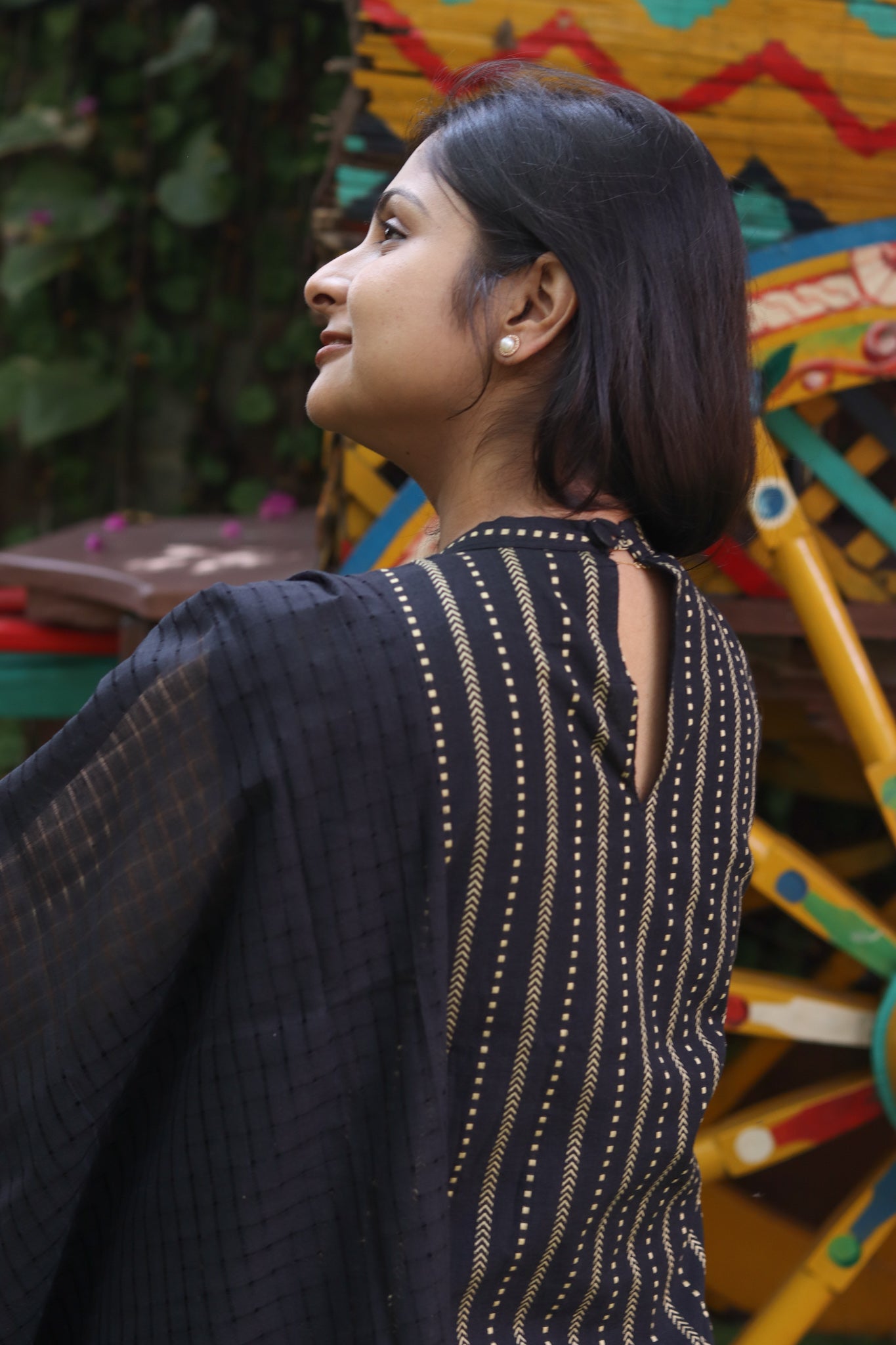 Black striped pure cotton handloom women kurta set (sleeves attached)