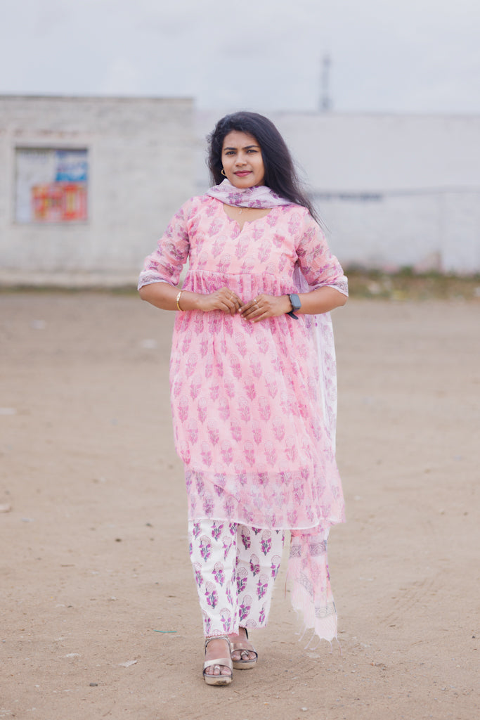 Candy pink and white Kota Jaipur cotton suit