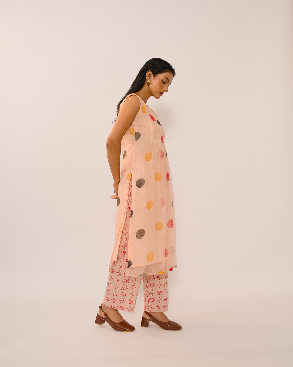 Peach Polka Dot Kota Cotton Kurta Set