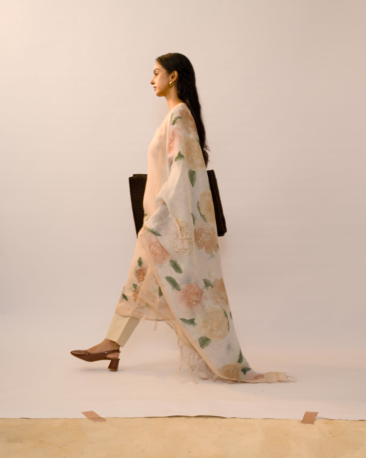 Sand Floral Hand-Embroidered Linen cotton Kurta Set