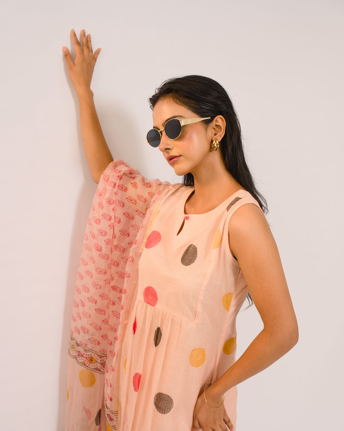Peach Polka Dot Kota Cotton Kurta Set