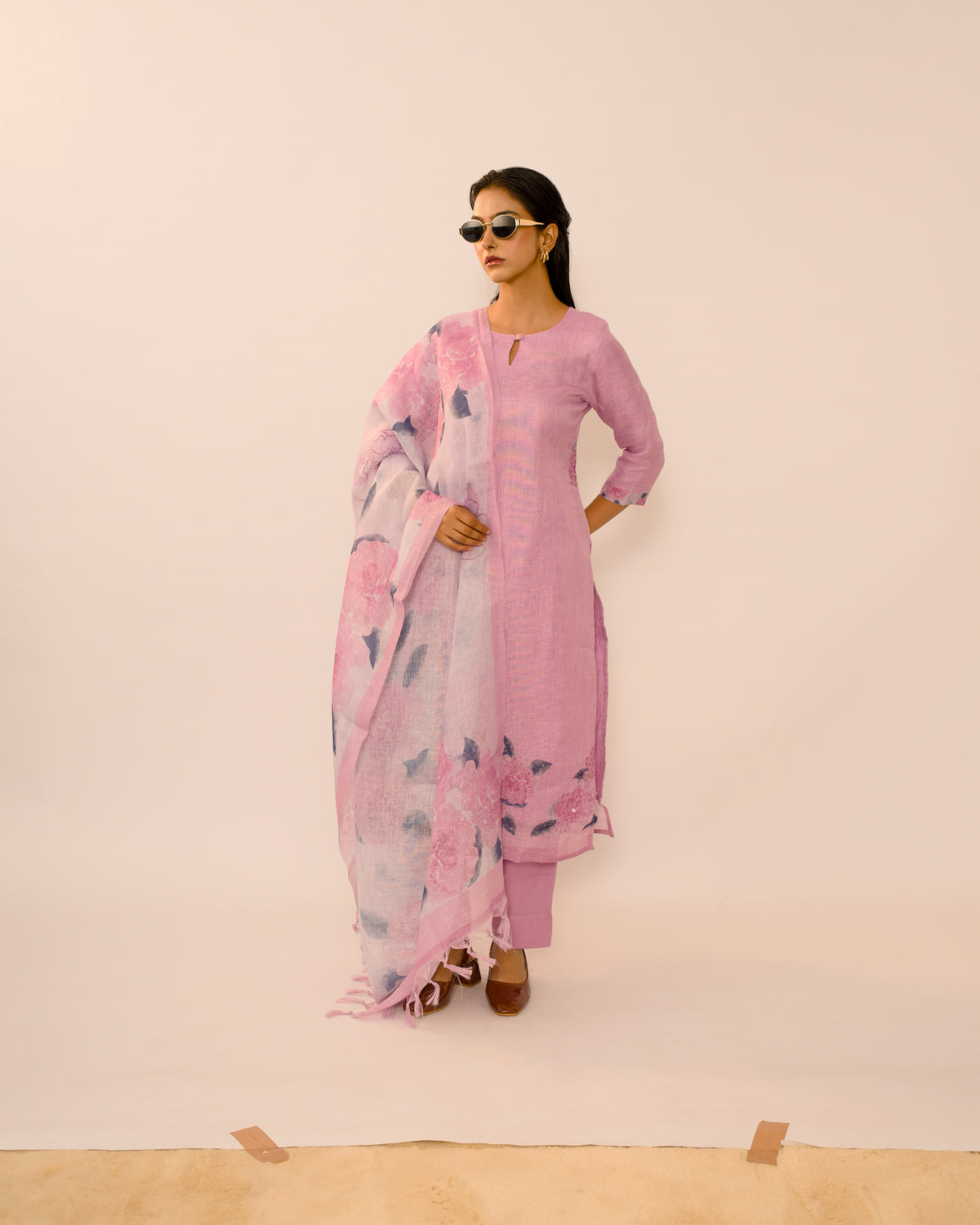 Wisteria Floral Hand-Embroidered Linen Kurta Set