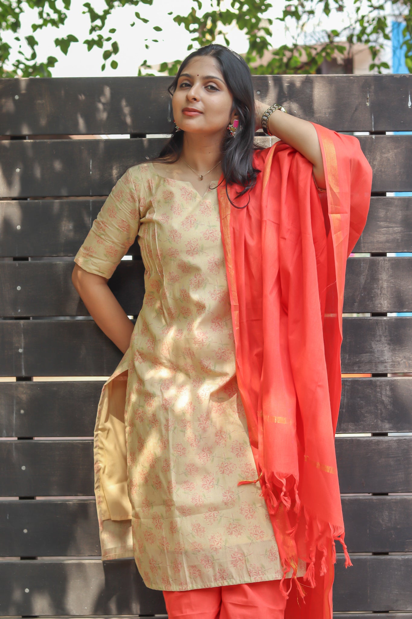 Orange and gold pure cotton tissue women kurta set