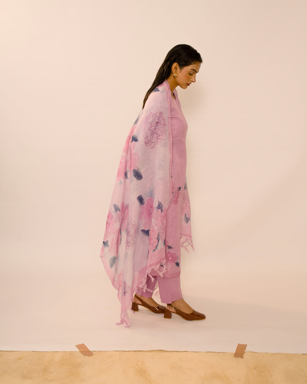 Wisteria Floral Hand-Embroidered Linen Kurta Set