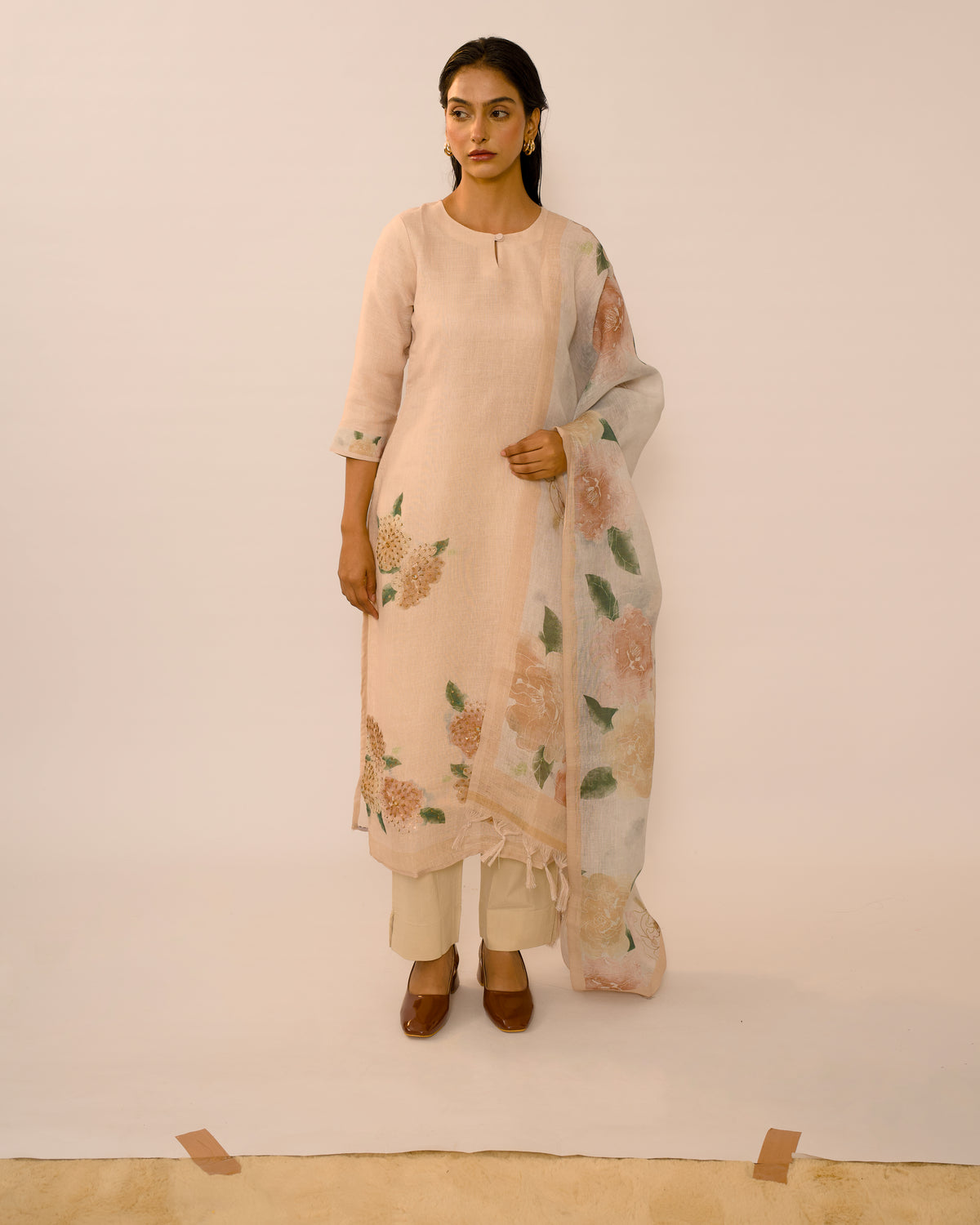 Sand Floral Hand-Embroidered Linen cotton Kurta Set