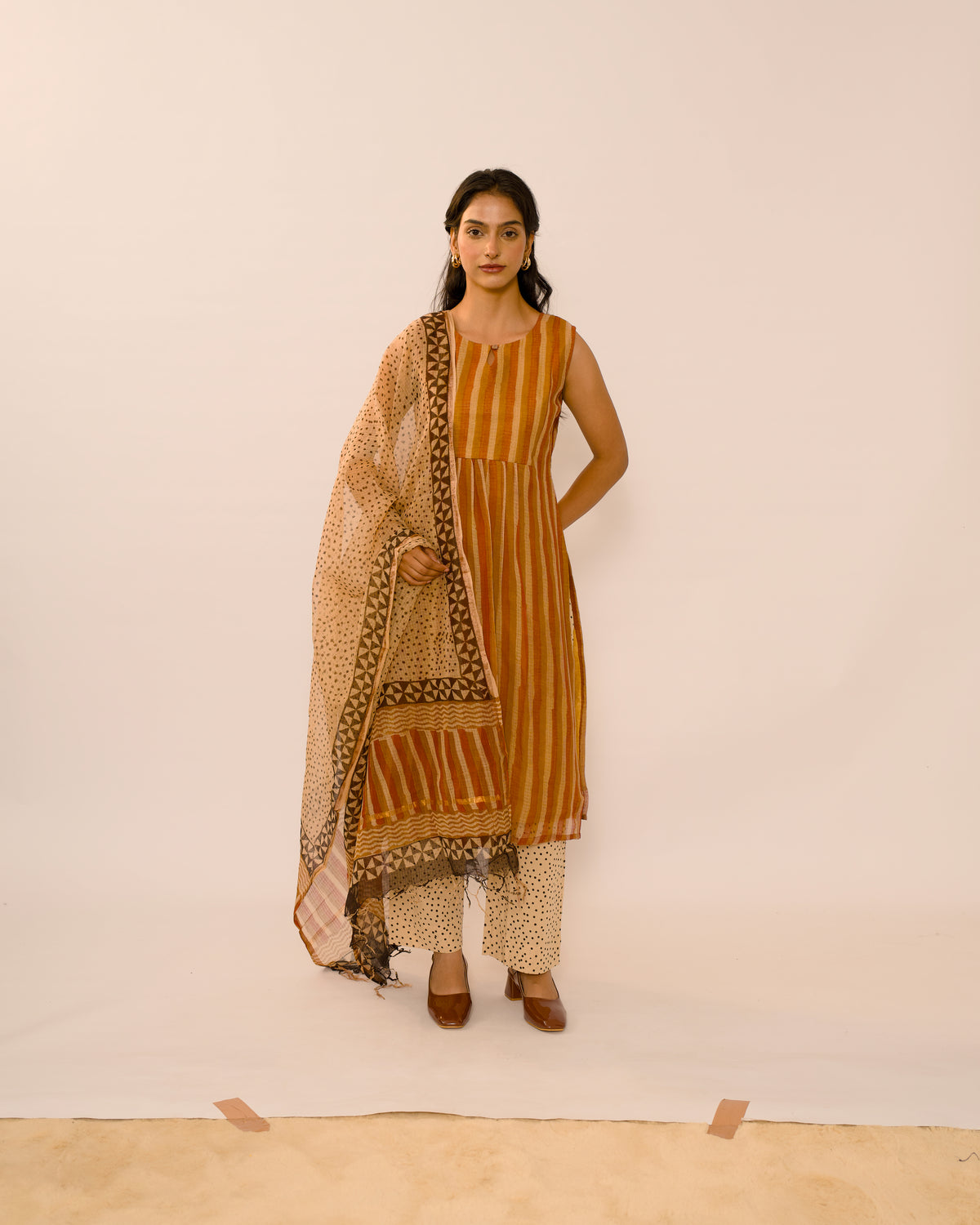 Amber Stripe Kota Cotton Kurta Set with Kota Doria Dupatta