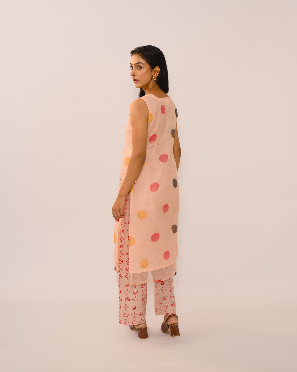 Peach Polka Dot Kota Cotton Kurta Set