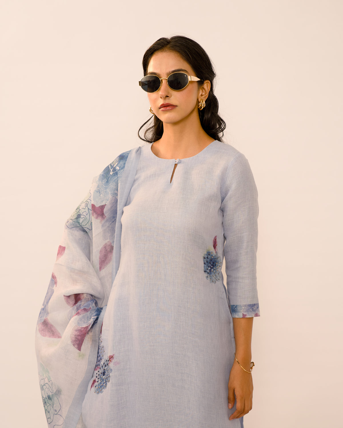 Blue Haze Hand-Embroidered Linen Kurta Set