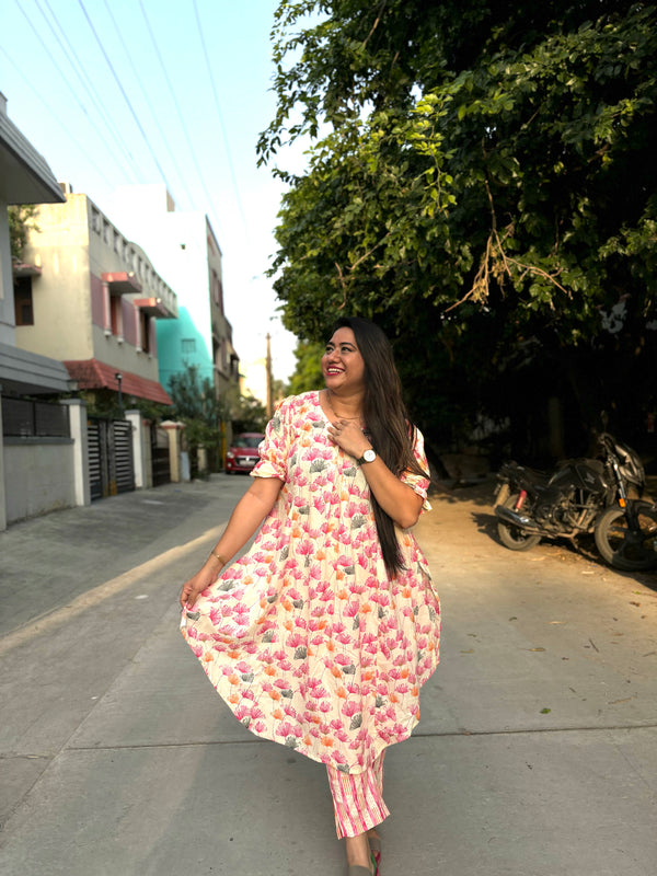 Pink floral kurta set pure cotton