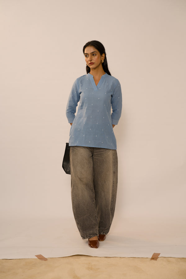 Powder Blue Pure Cotton Embroidered Kurta Top | Relaxed Indian Workwear