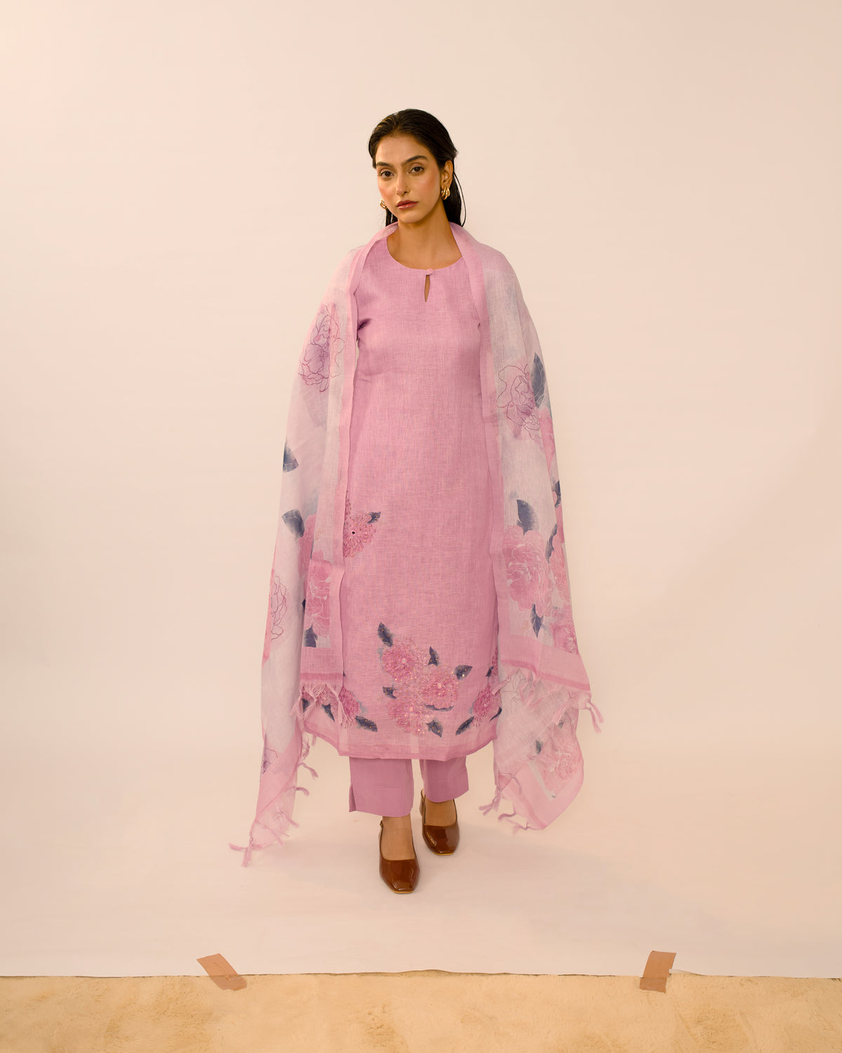 Wisteria Floral Hand-Embroidered Linen Kurta Set