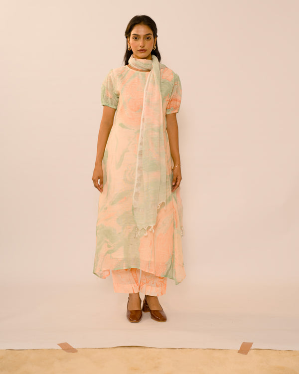 Marble orange linen women kurta set