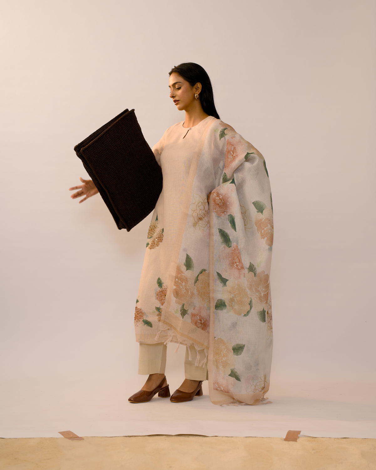 Sand Floral Hand-Embroidered Linen cotton Kurta Set