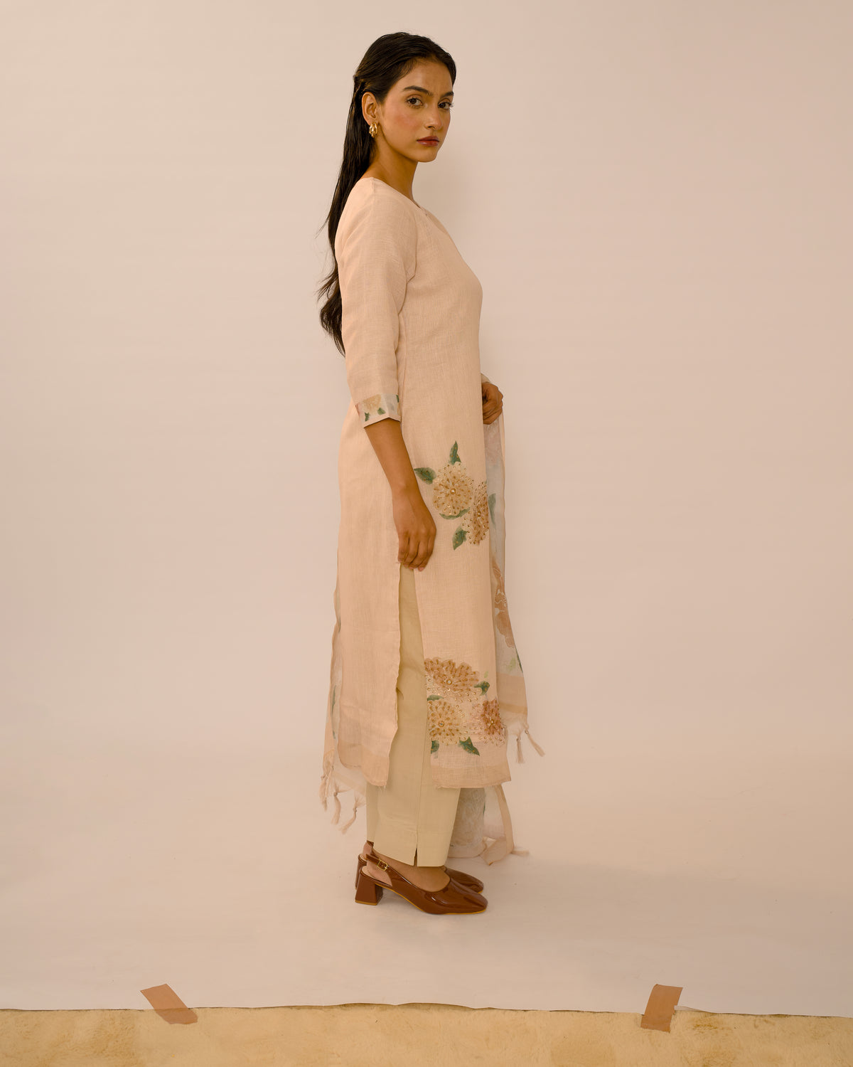 Sand Floral Hand-Embroidered Linen cotton Kurta Set
