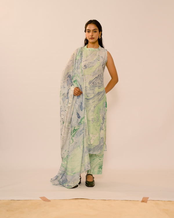 Pastel green marble print linen kurta set women (sleeves attached )