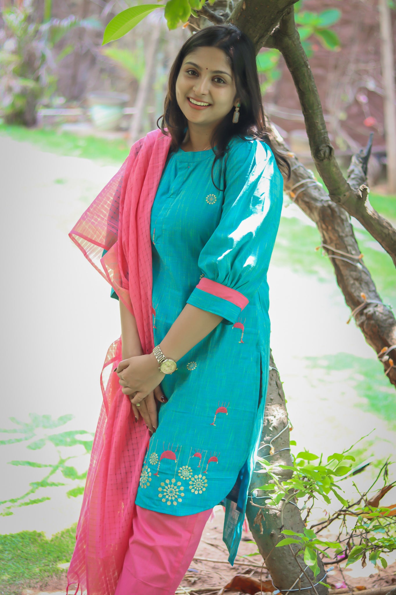 Pink and blue pure cotton handloom women kurta set
