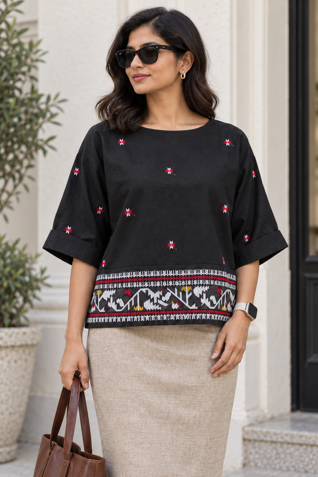 Onyx Bloom Meenakari Embroidered cotton women Top