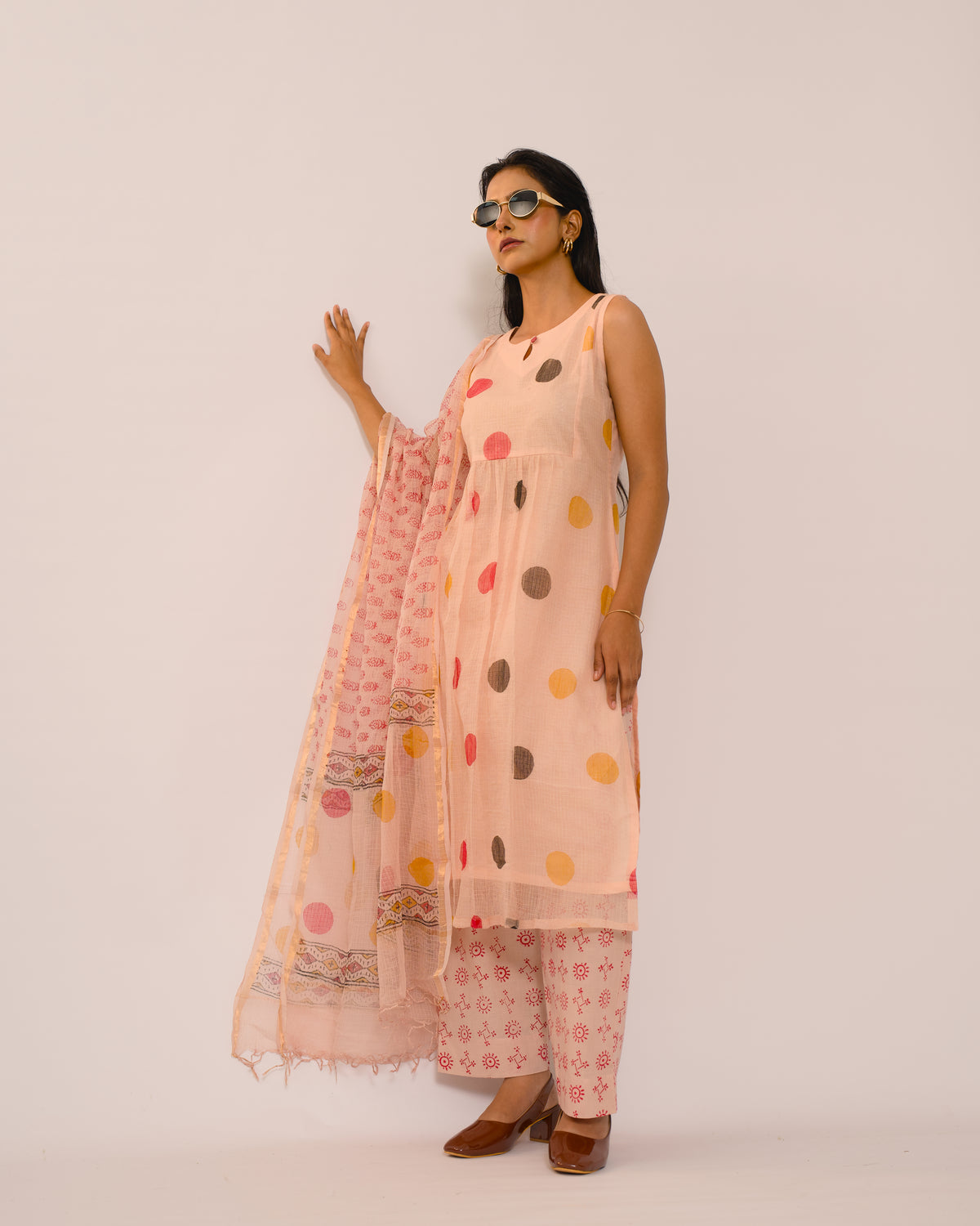Peach Polka Dot Kota Cotton Kurta Set