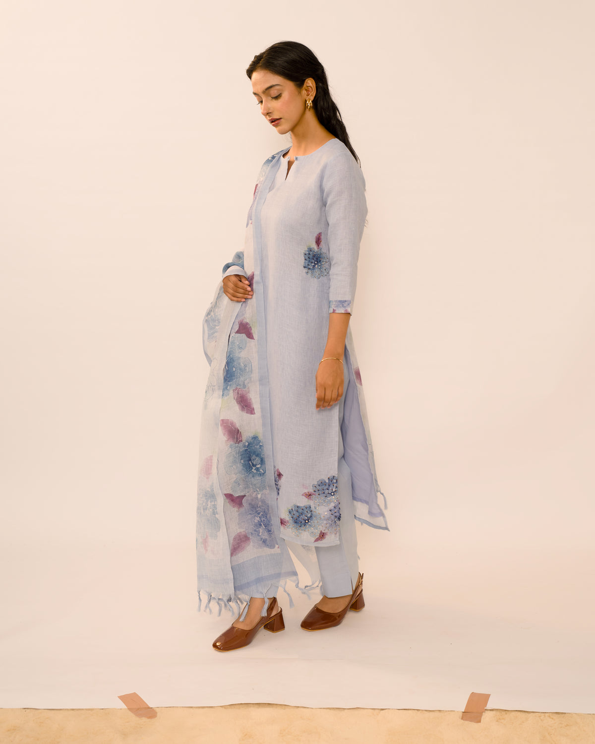 Blue Haze Hand-Embroidered Linen Kurta Set