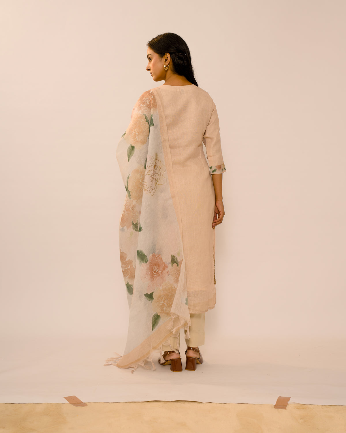 Sand Floral Hand-Embroidered Linen cotton Kurta Set