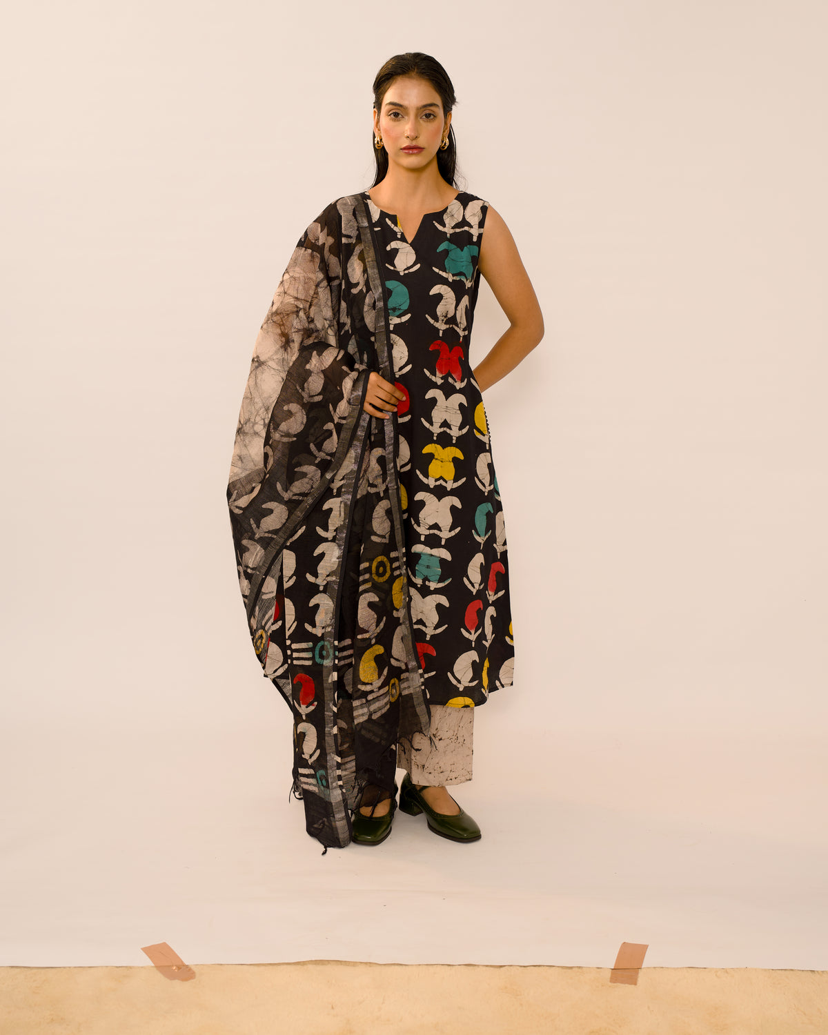 Black handblock Jaipur Cotton Kurta Set with Linen Dupatta