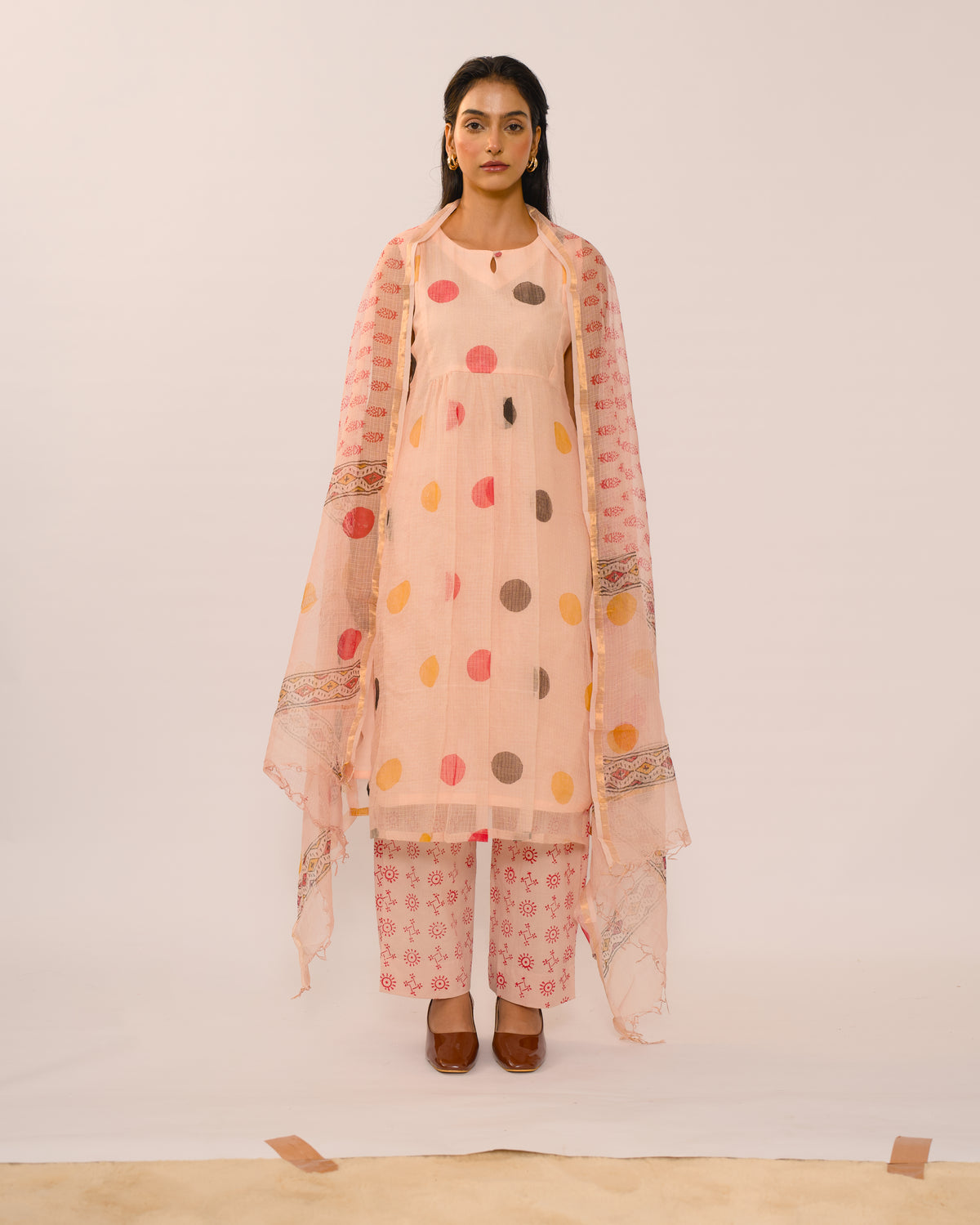 Peach Polka Dot Kota Cotton Kurta Set