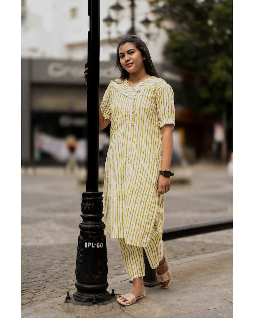 Cream and green striped pure cotton co-ord sets