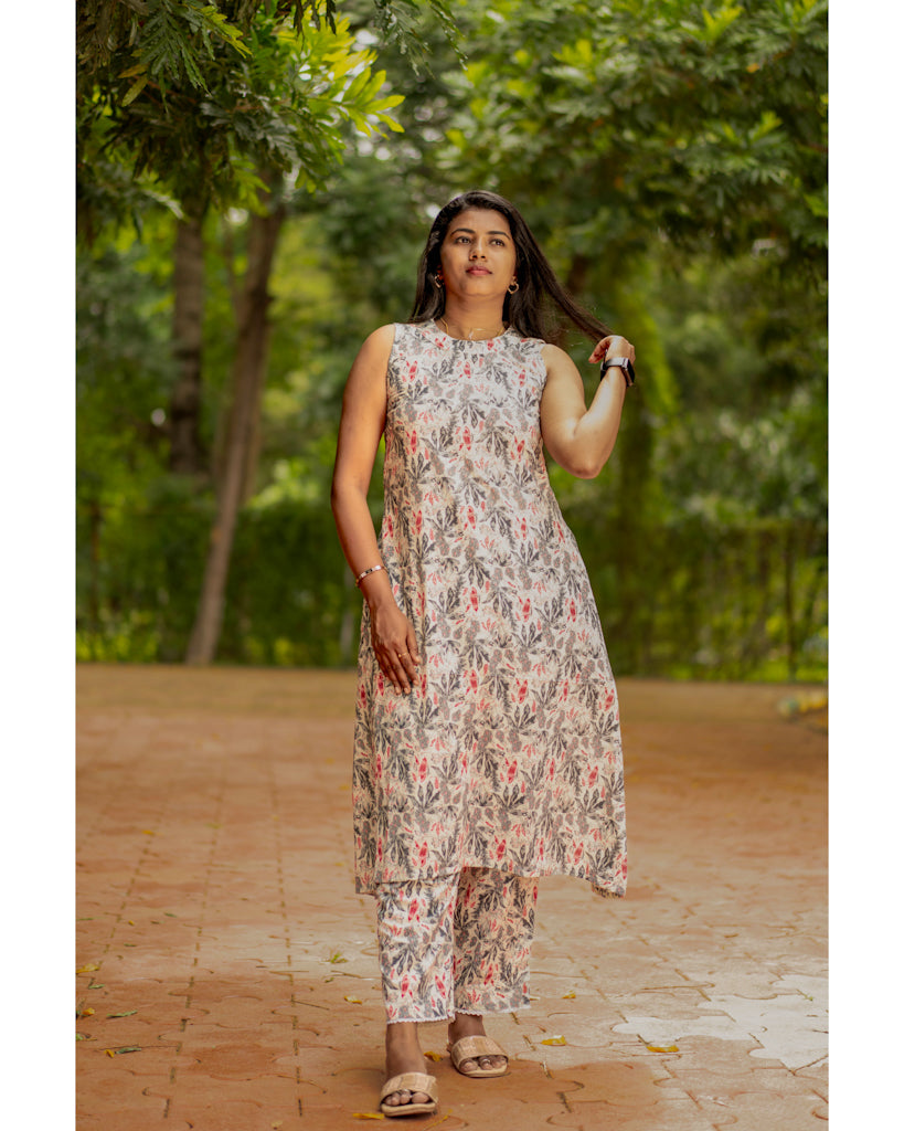 Floral grey halter neck pure cotton co-ord sets