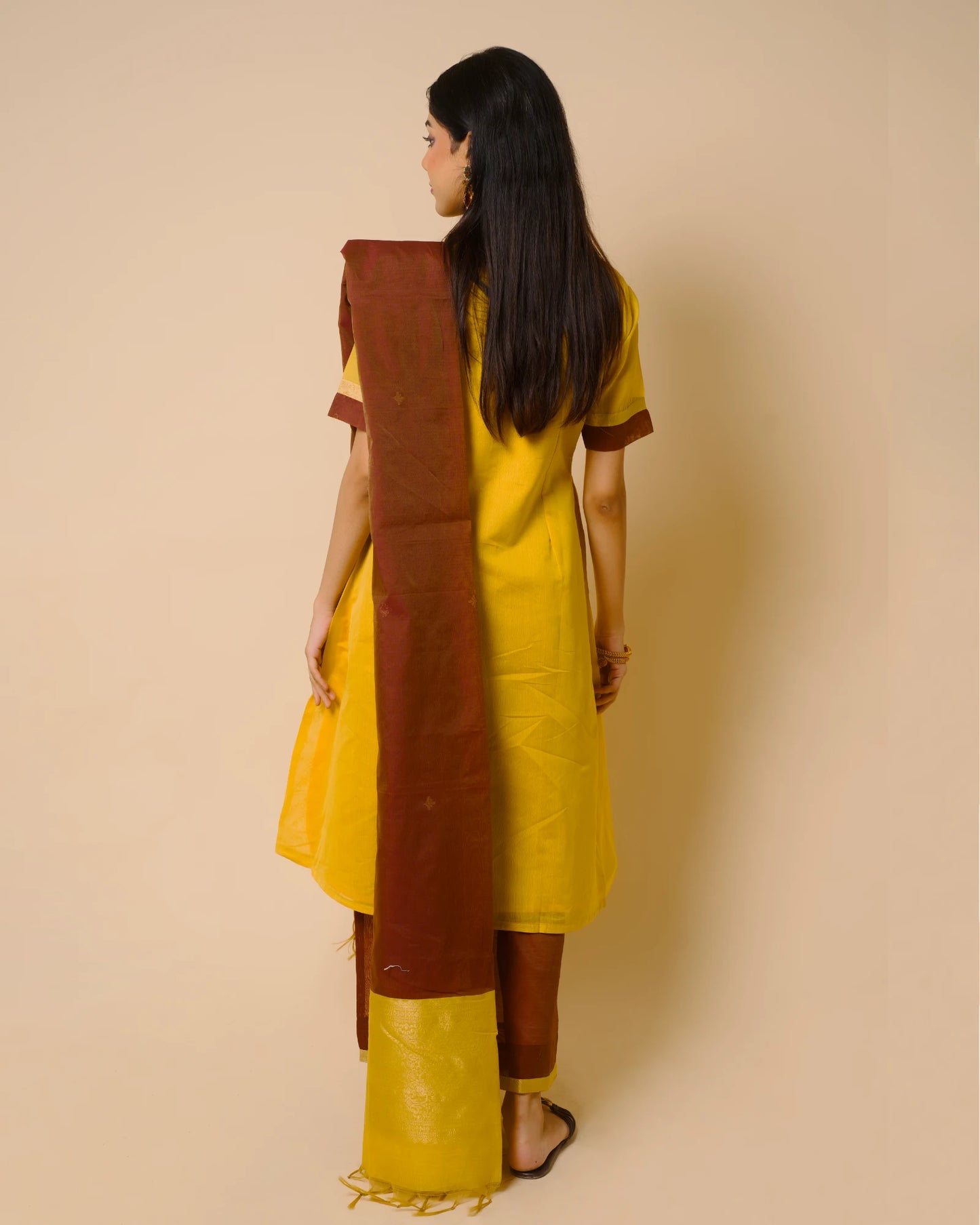 Mango Yellow Silk Cotton Handcrafted Aari Work Kurta Set