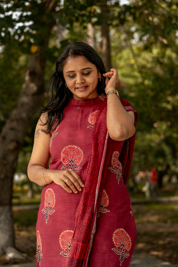 Floral Charm Maroon Hand Block Kurta Set