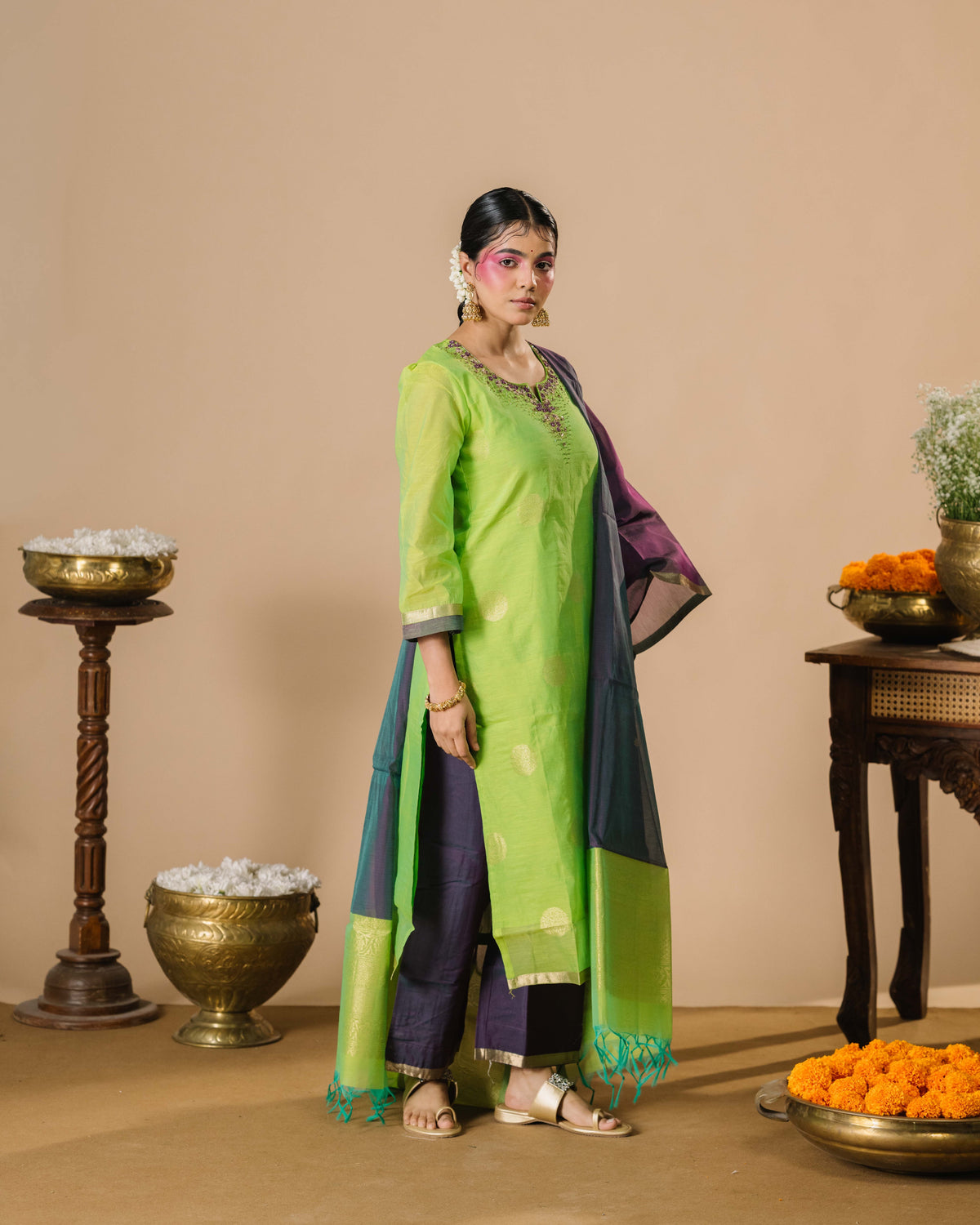 Lime Green Silk Cotton Handcrafted Aari Work Kurta Set