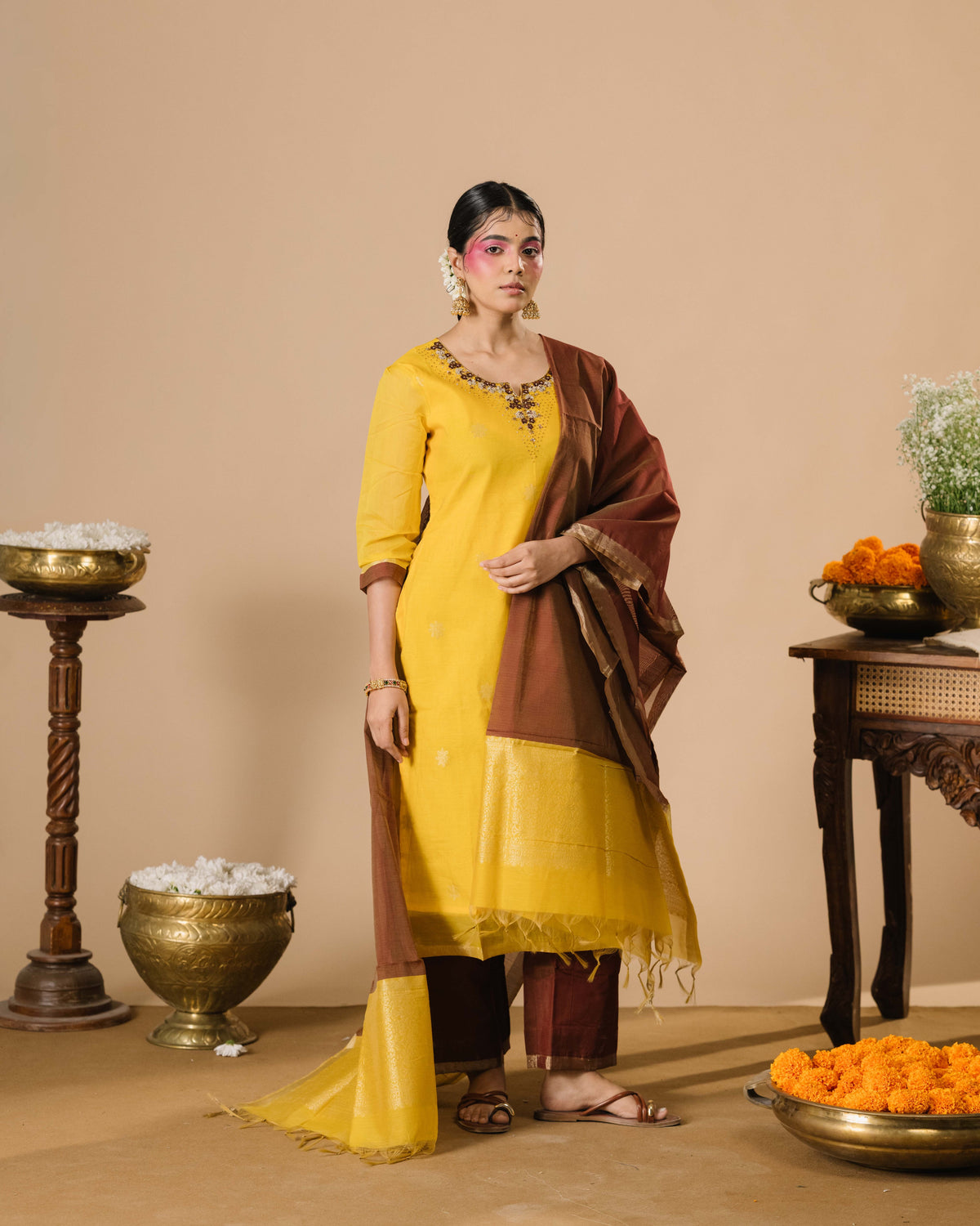 Mango Yellow Silk Cotton Handcrafted Aari Work Kurta Set