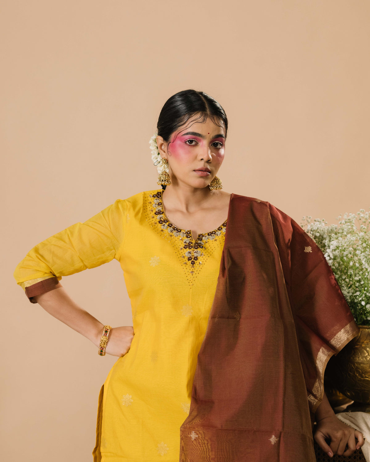Mango Yellow Silk Cotton Handcrafted Aari Work Kurta Set