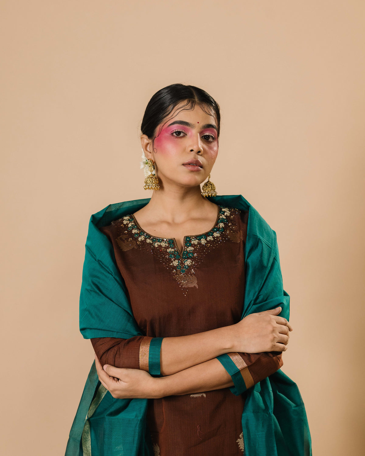 Mocha Brown Silk Cotton Handloom Aari Work Kurta Set