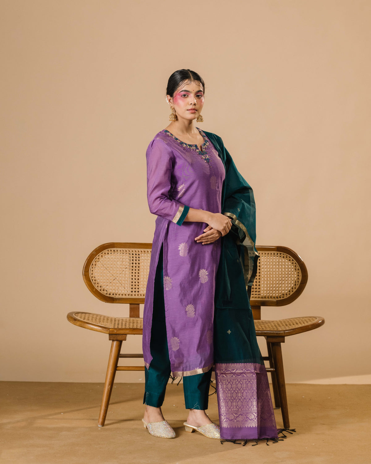 Royal Purple Silk Cotton Handcrafted Aari Work Kurta Set