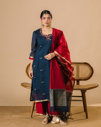 Midnight Blue hand Embroidered silk cotton Kurta Set with Red Dupatta