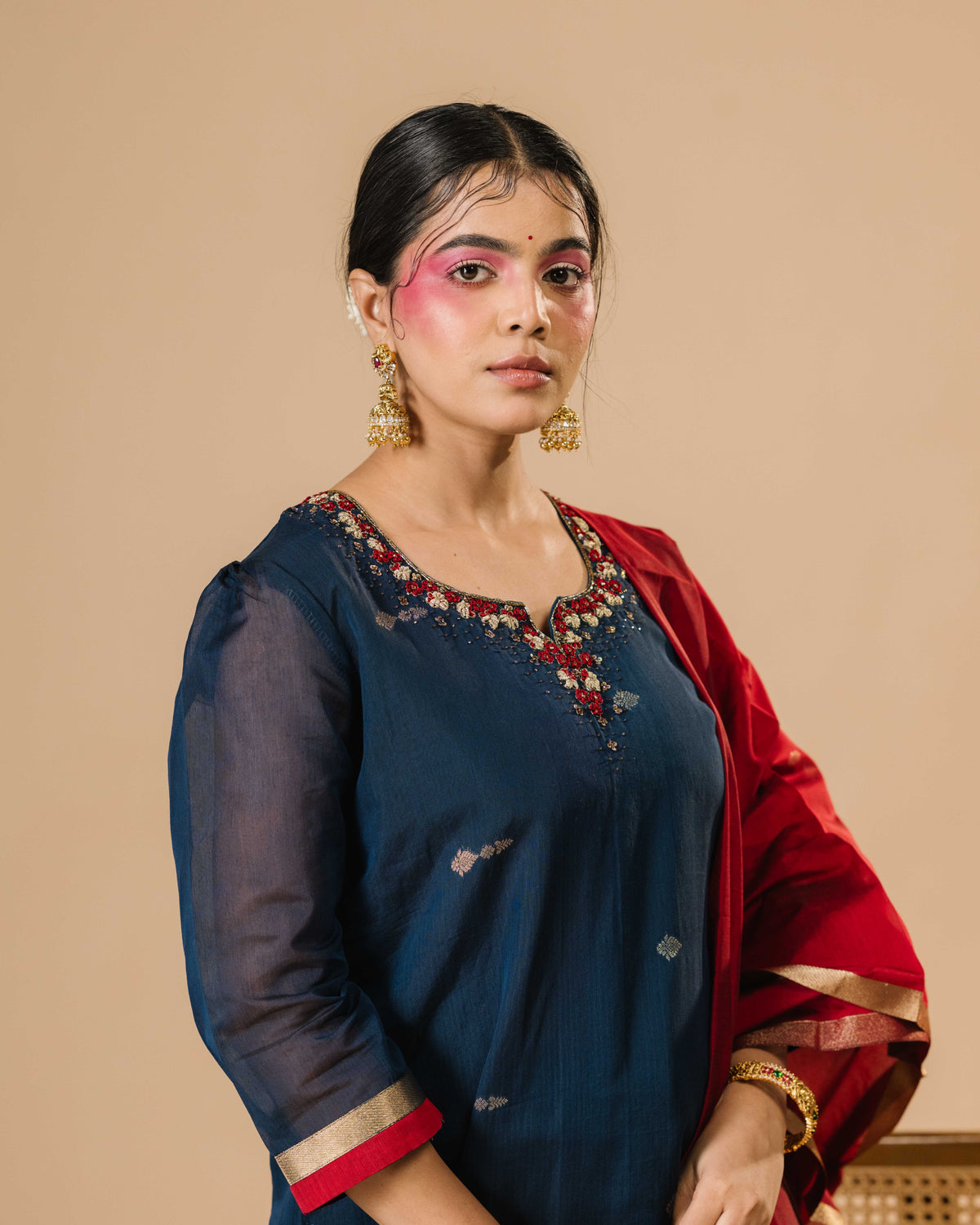 Midnight Blue hand Embroidered silk cotton Kurta Set with Red Dupatta