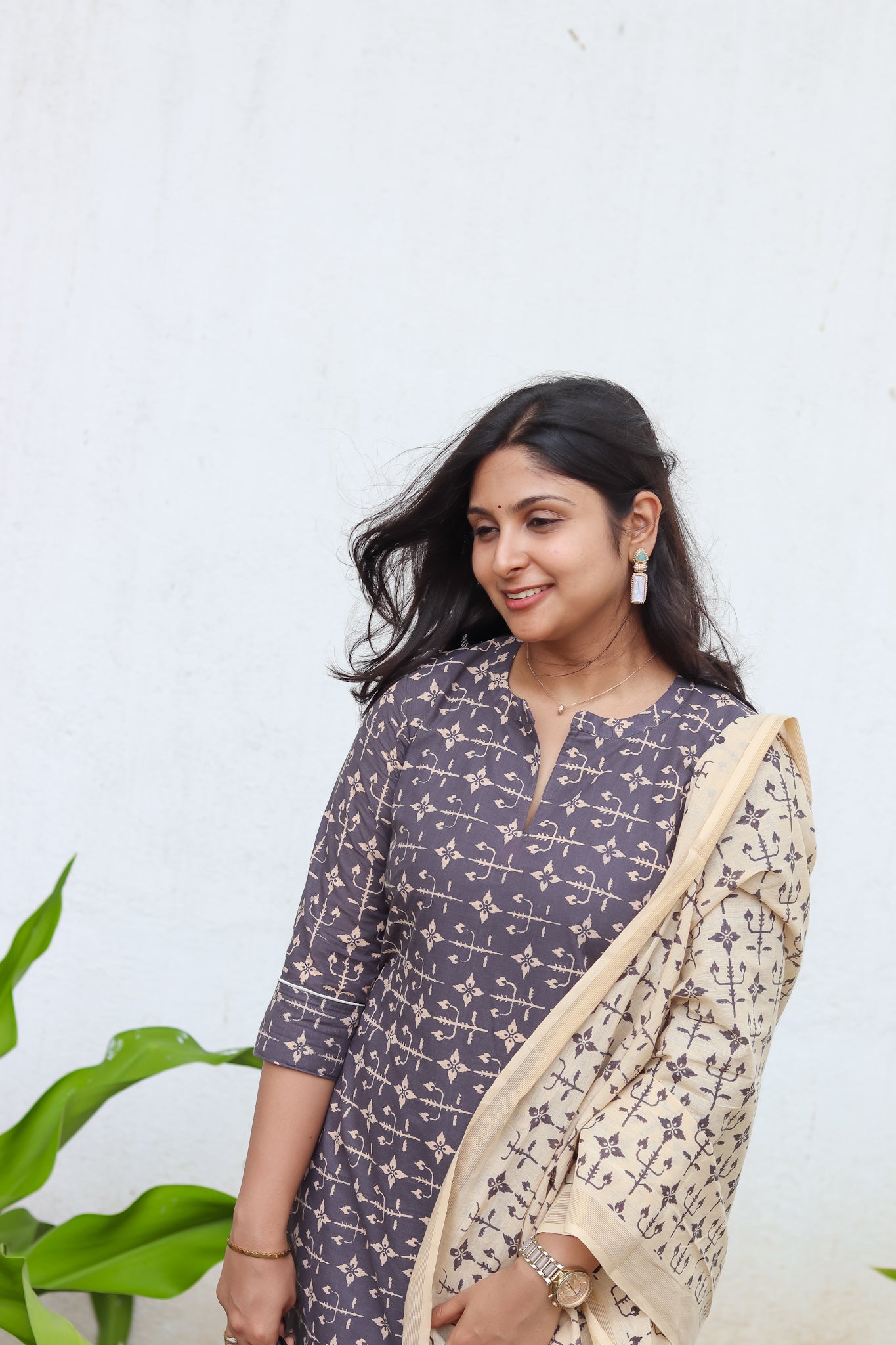 Dark grey & cream pure cotton printed handloom women kurta set