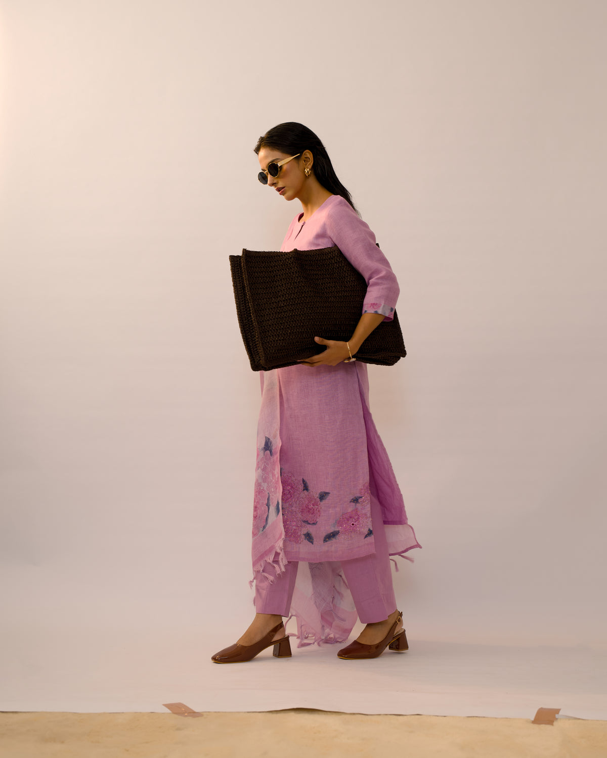 Wisteria Floral Hand-Embroidered Linen Kurta Set