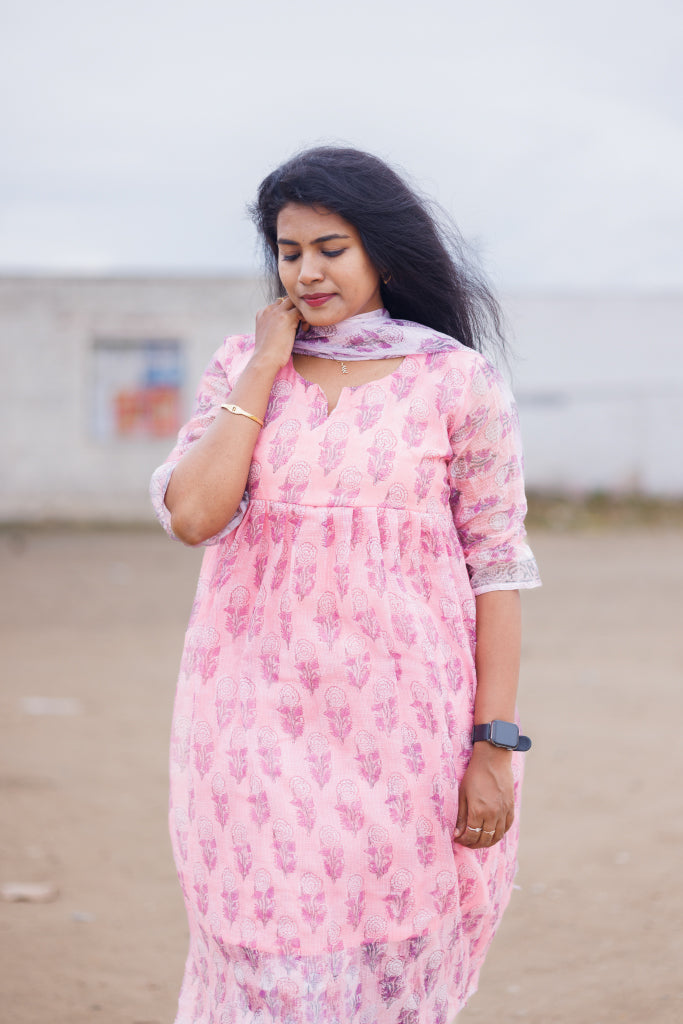 Candy pink and white Kota Jaipur cotton suit