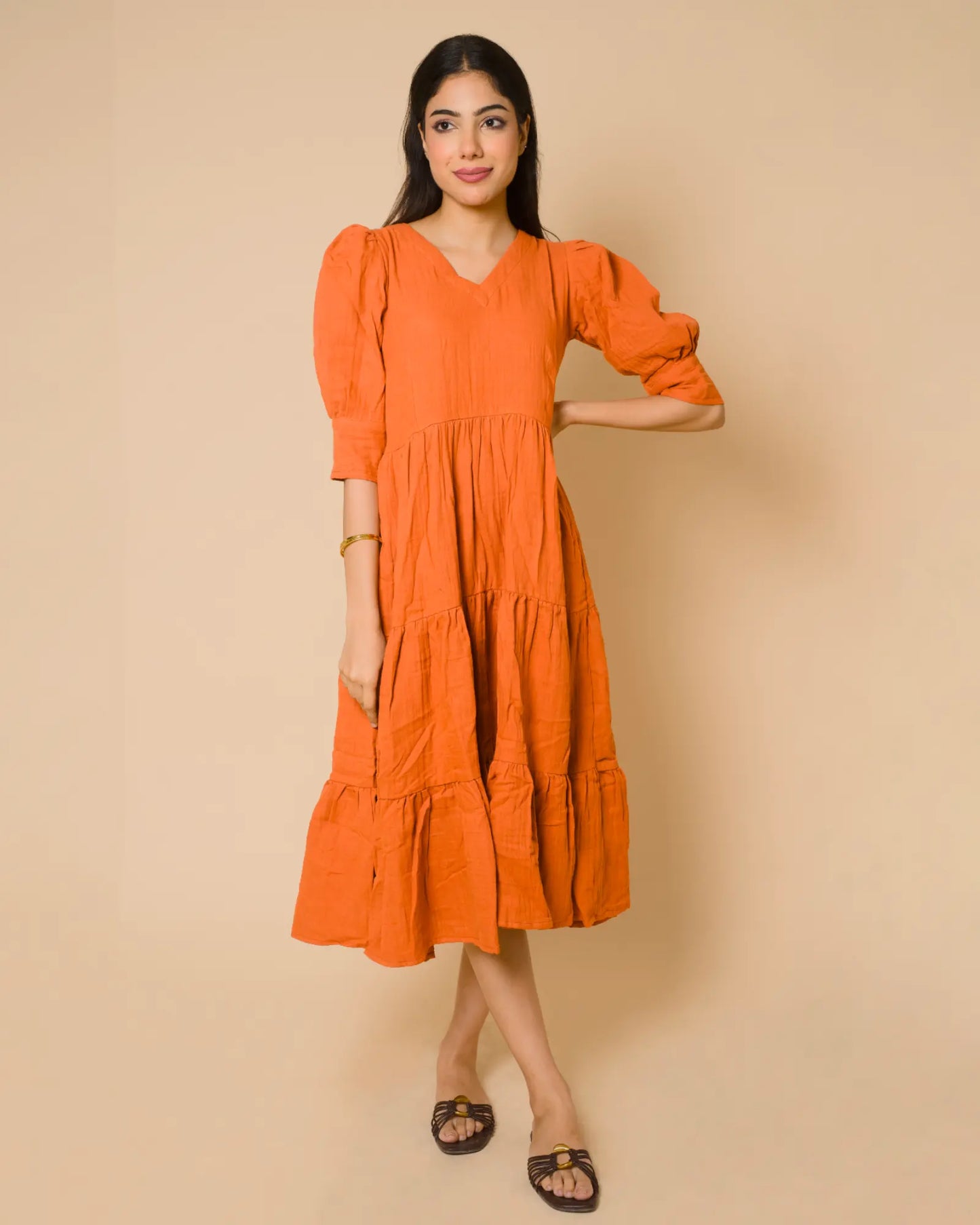 Rust Orange Cotton Maternity & Feeding Maxi Dress | Nursing Dress with Hidden Side Zippers | OliveDrab