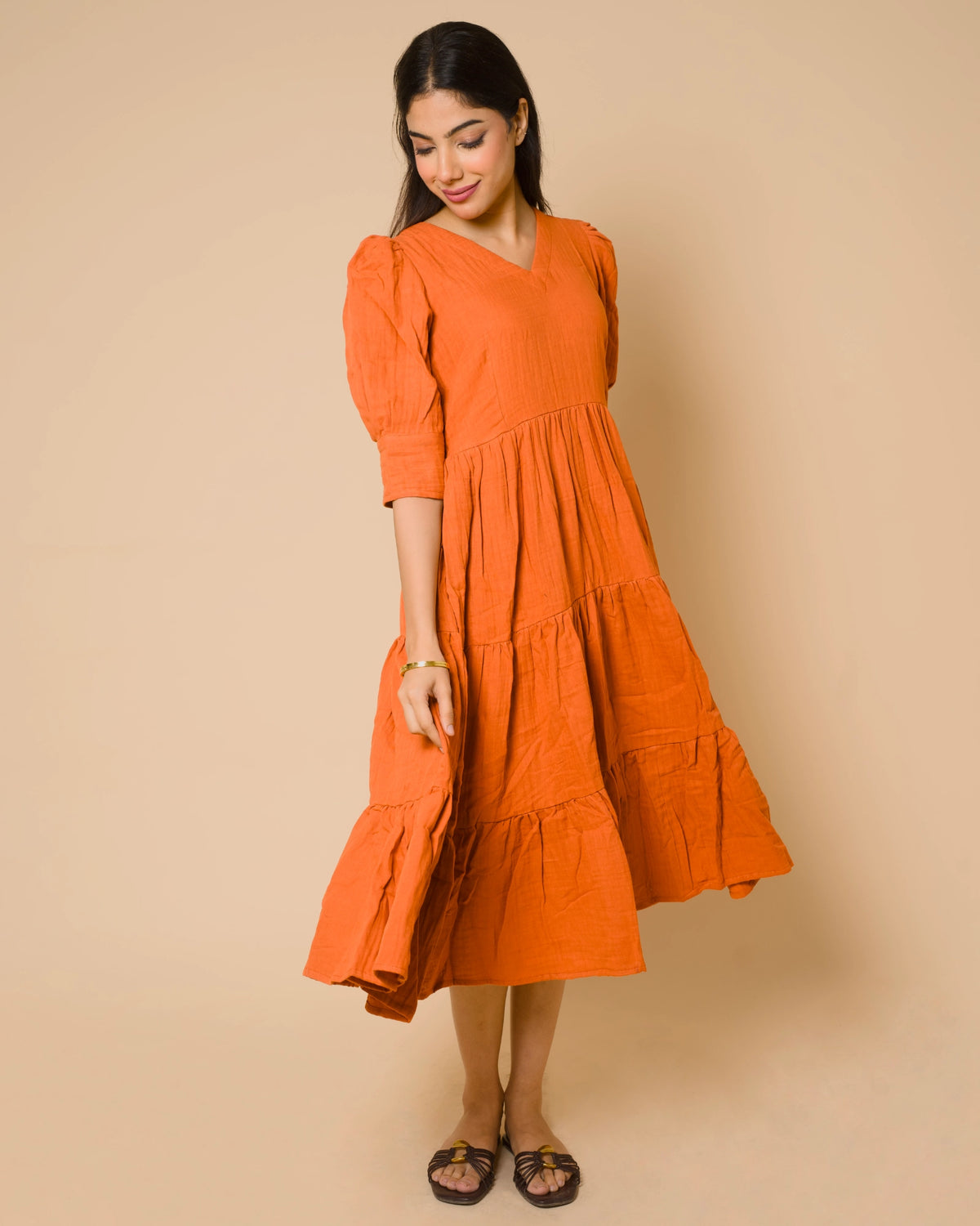 Rust Orange Cotton Maternity & Feeding Maxi Dress | Nursing Dress with Hidden Side Zippers | OliveDrab