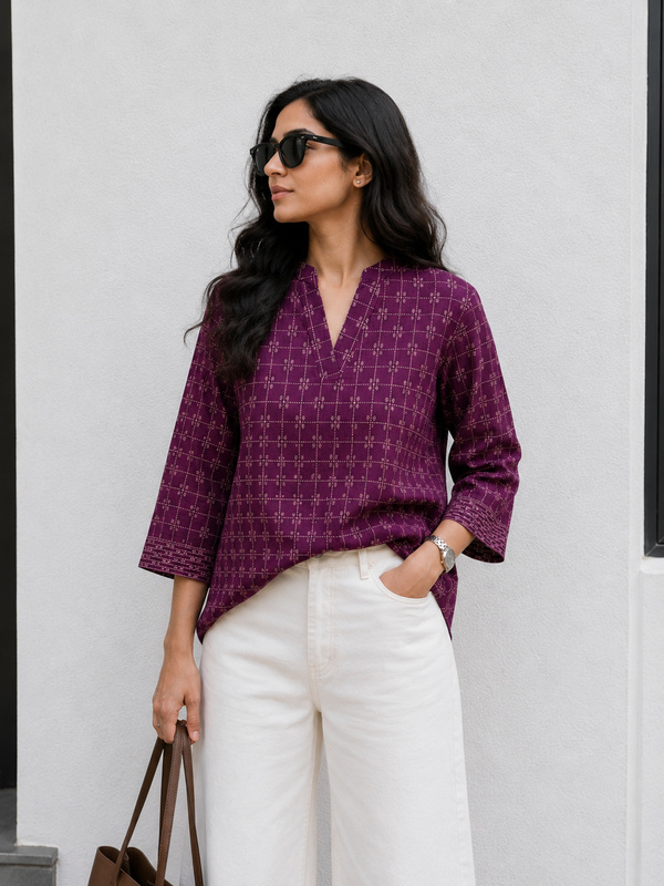 Purple pure Cotton ikat Kurta Top | Relaxed Indian Workwear