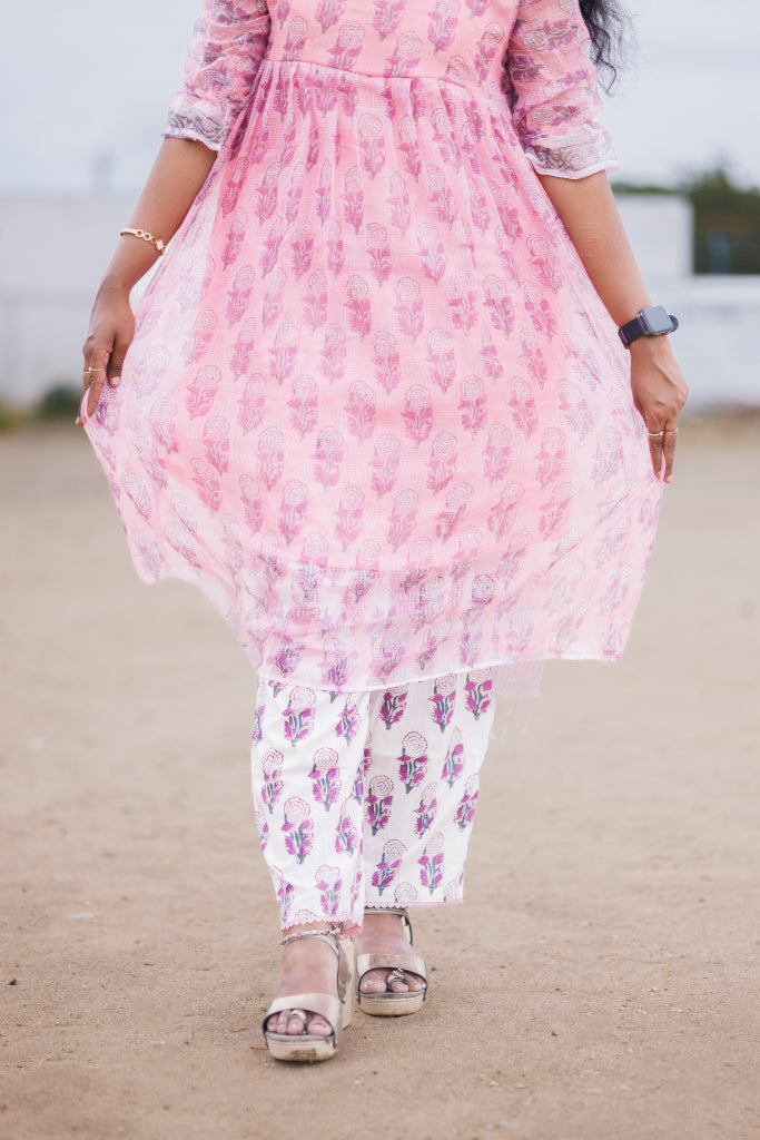 Candy pink and white Kota Jaipur cotton suit