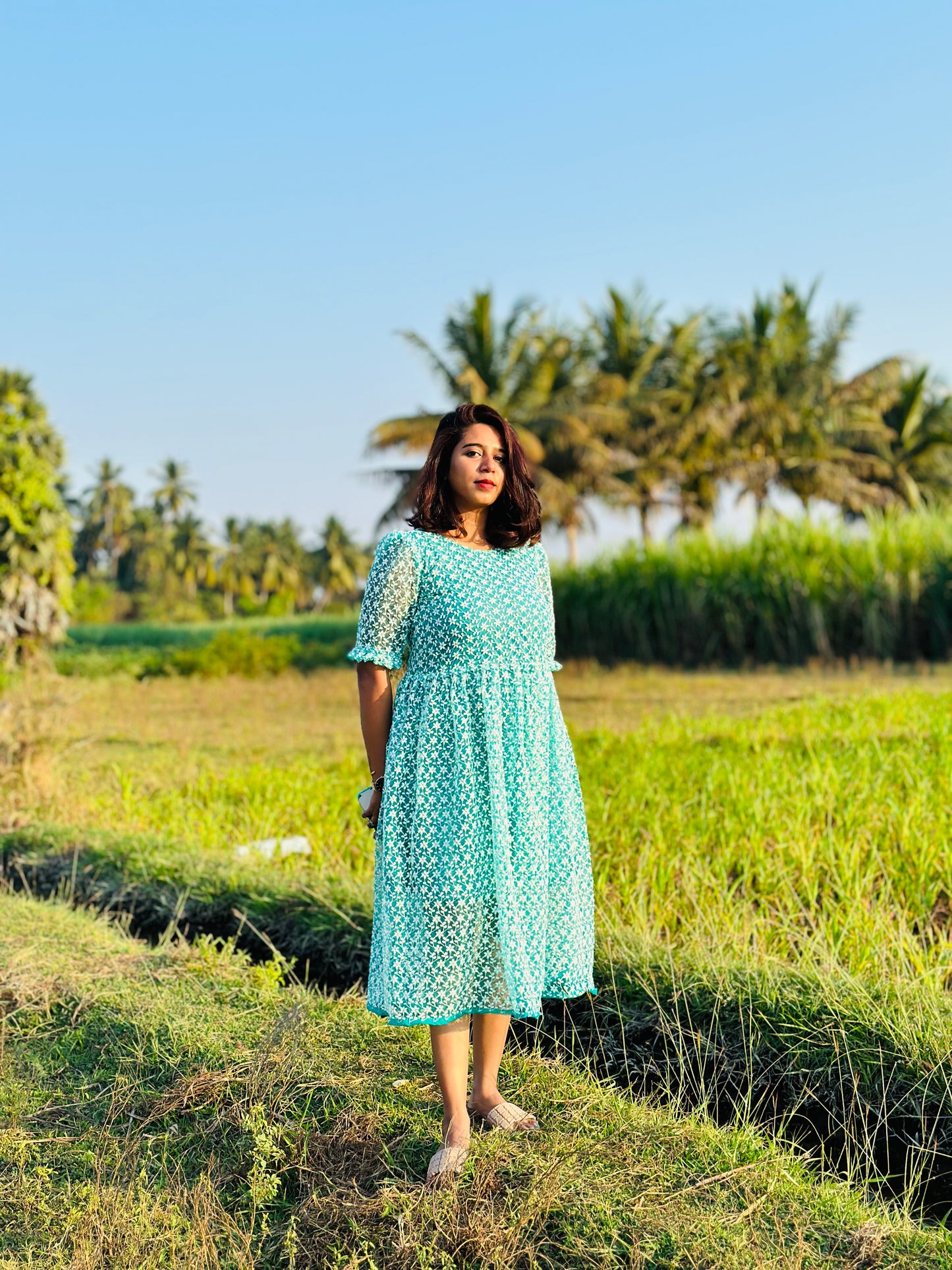 Teal Green embroidery net maxi dress