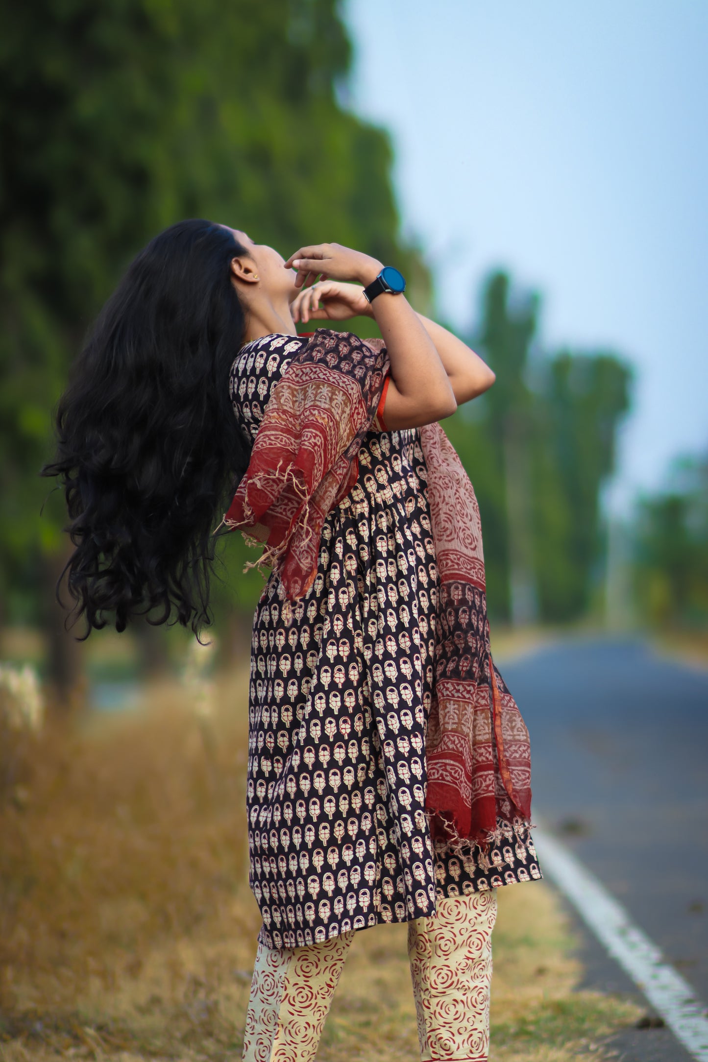 Black Maroon Jaipur cotton kurta set with kota doria dupatta