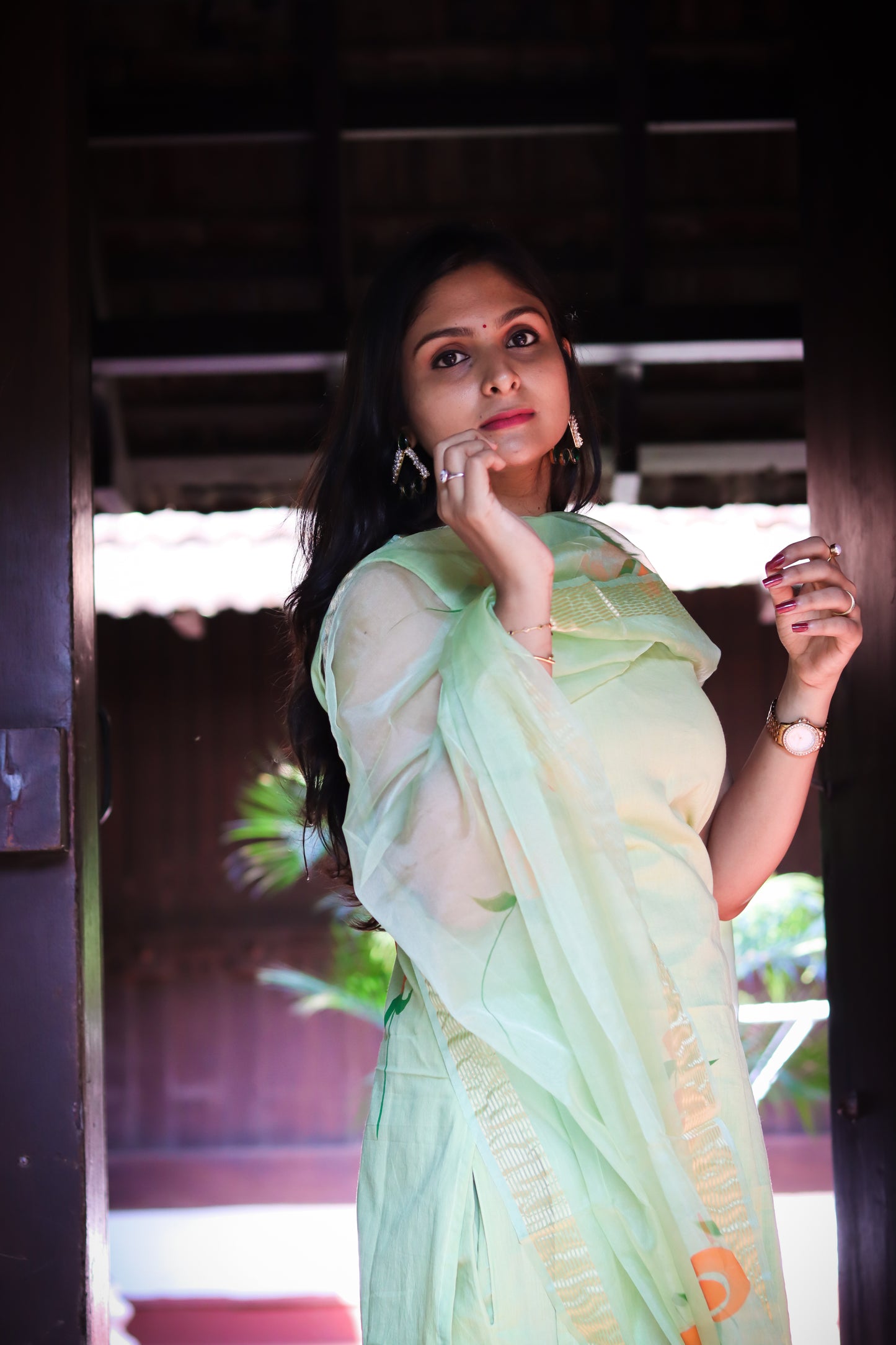 Light green Jaipur cotton kurta set with organza dupatta
