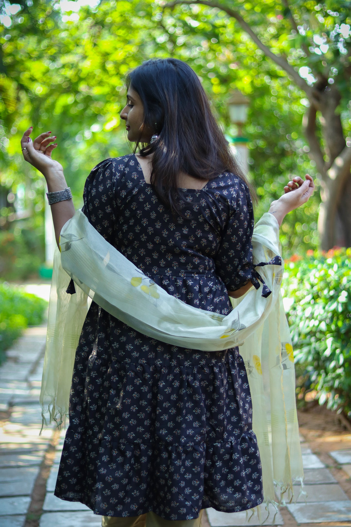 Brown & Beige Jaipur cotton kurta set with organza dupatta