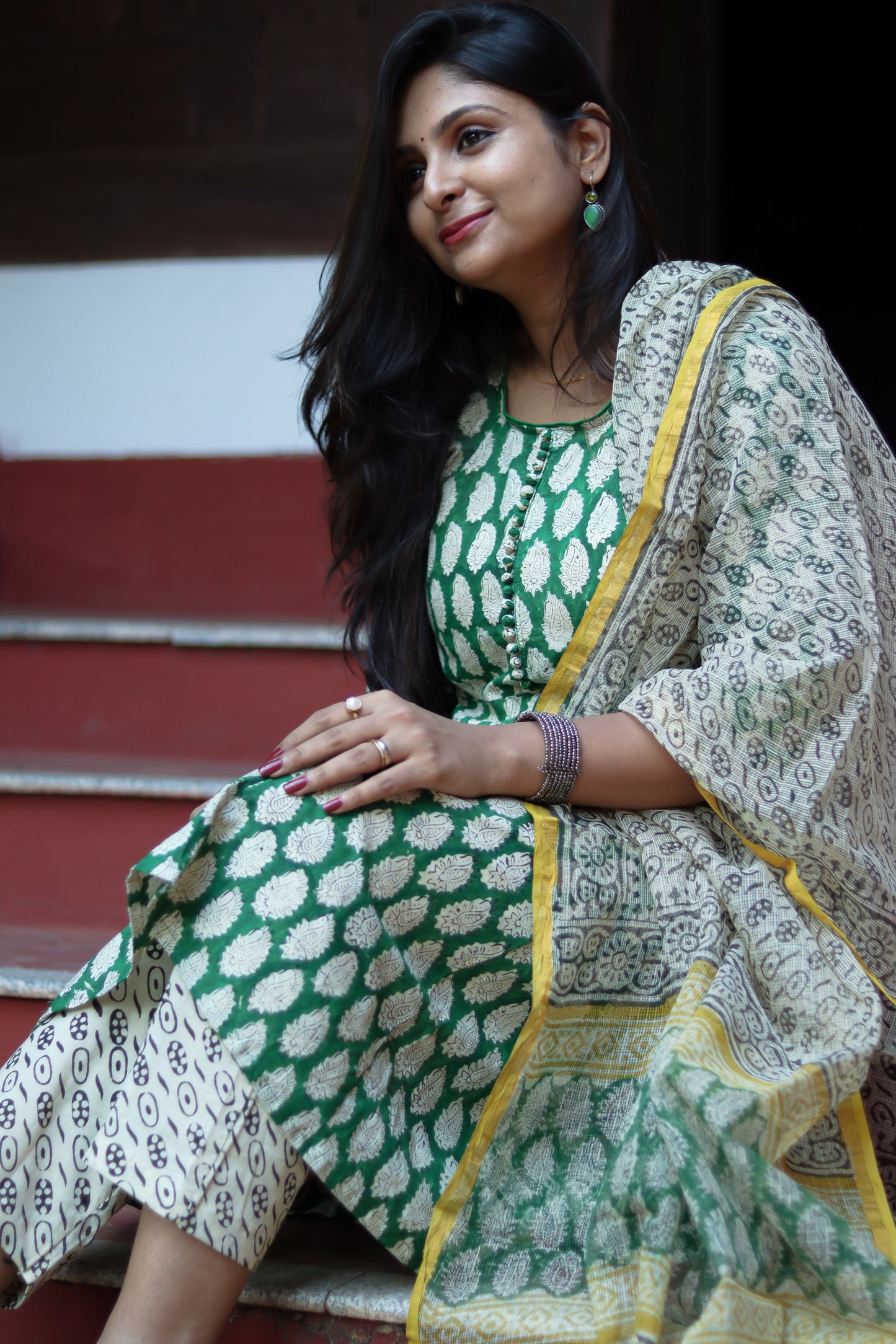 Green yellow Jaipur cotton kurta set with Kota doria dupatta