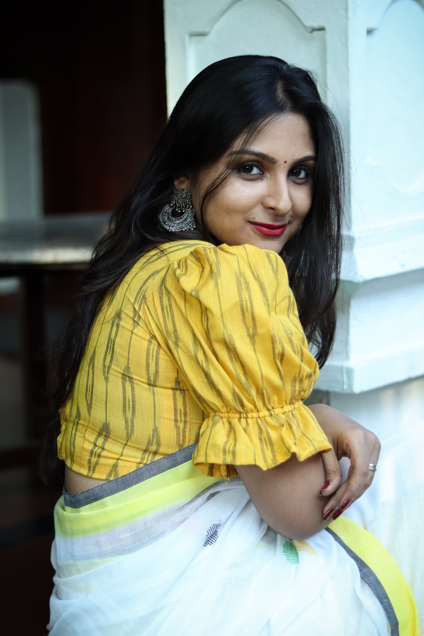 Yellow white dots pure cotton handloom linen saree